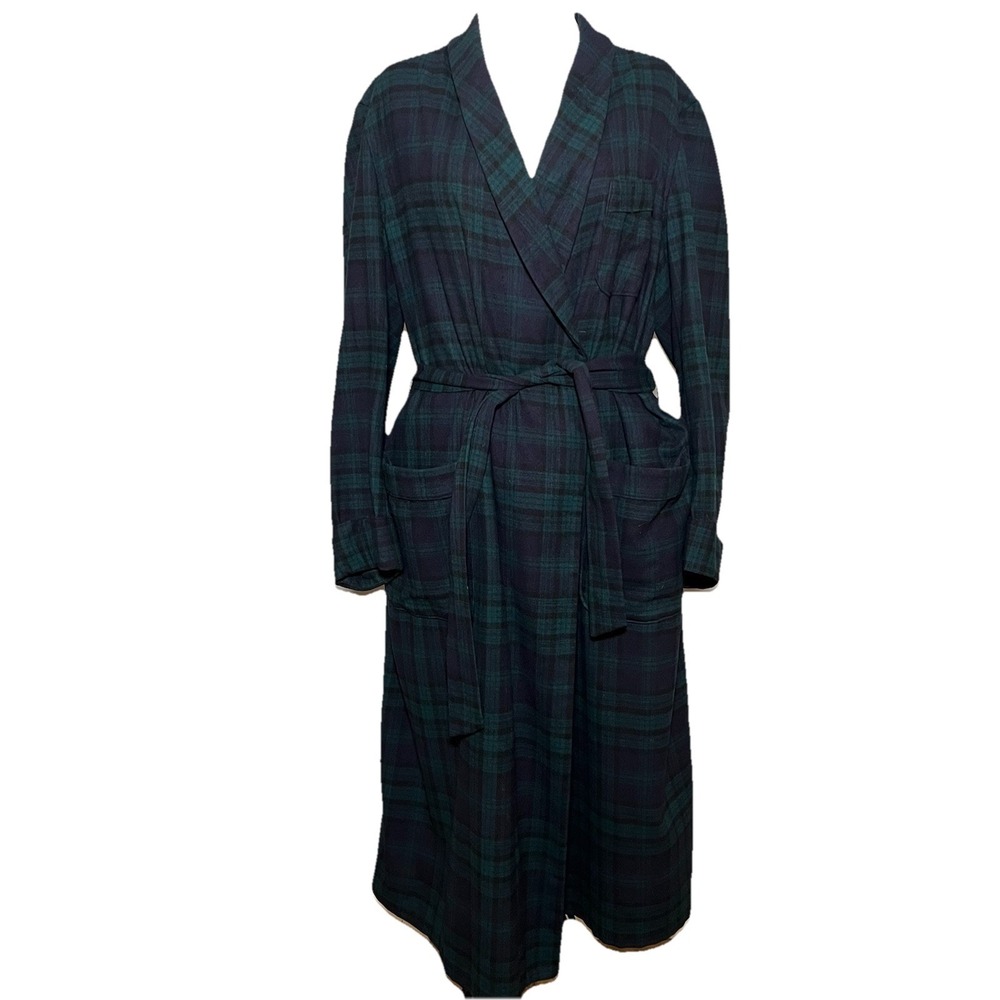 Vtg Pendleton Mills Bath Robe Blue Green Tartan Plaid Wool Shawl Collar USA‎ L